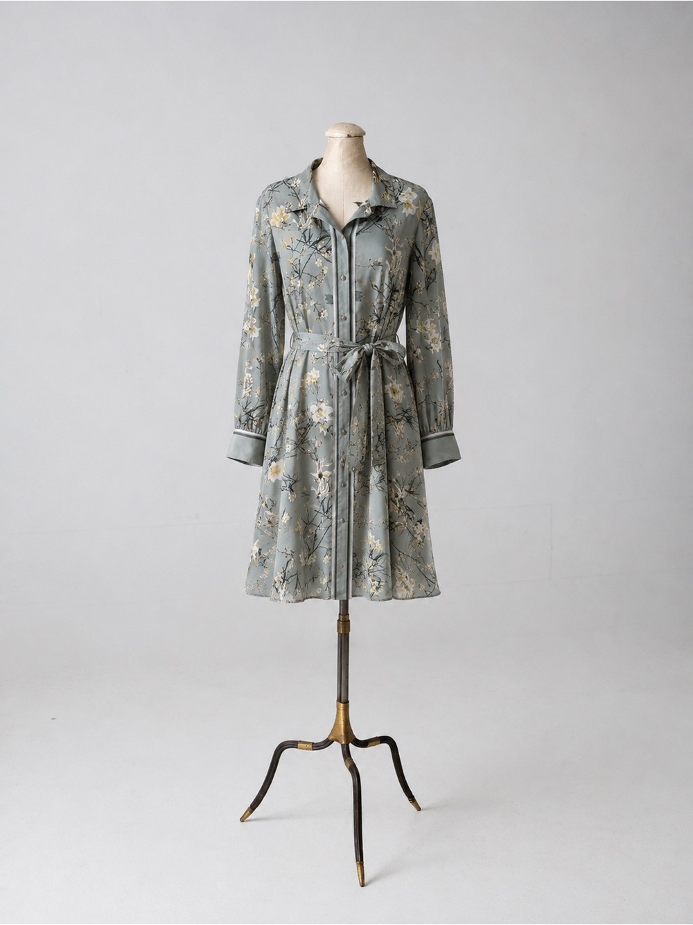 Floral Tie-Waist Shirt Dress in Dusty Sage